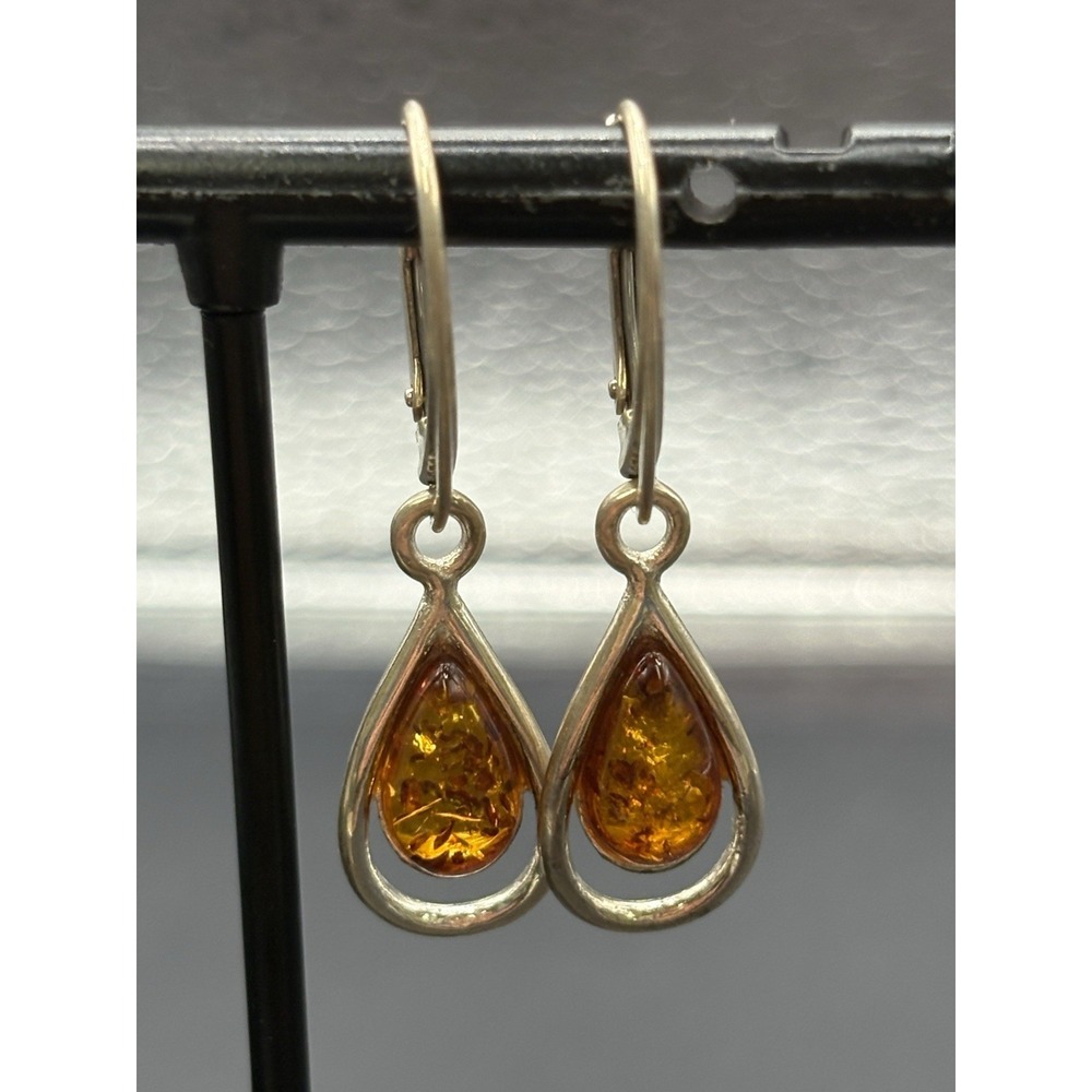 Vintage Sterling Silver Amber Drop Earrings 925 E5